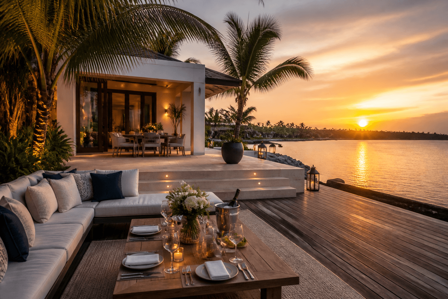 Private waterfront residence terrace overlooking calm water